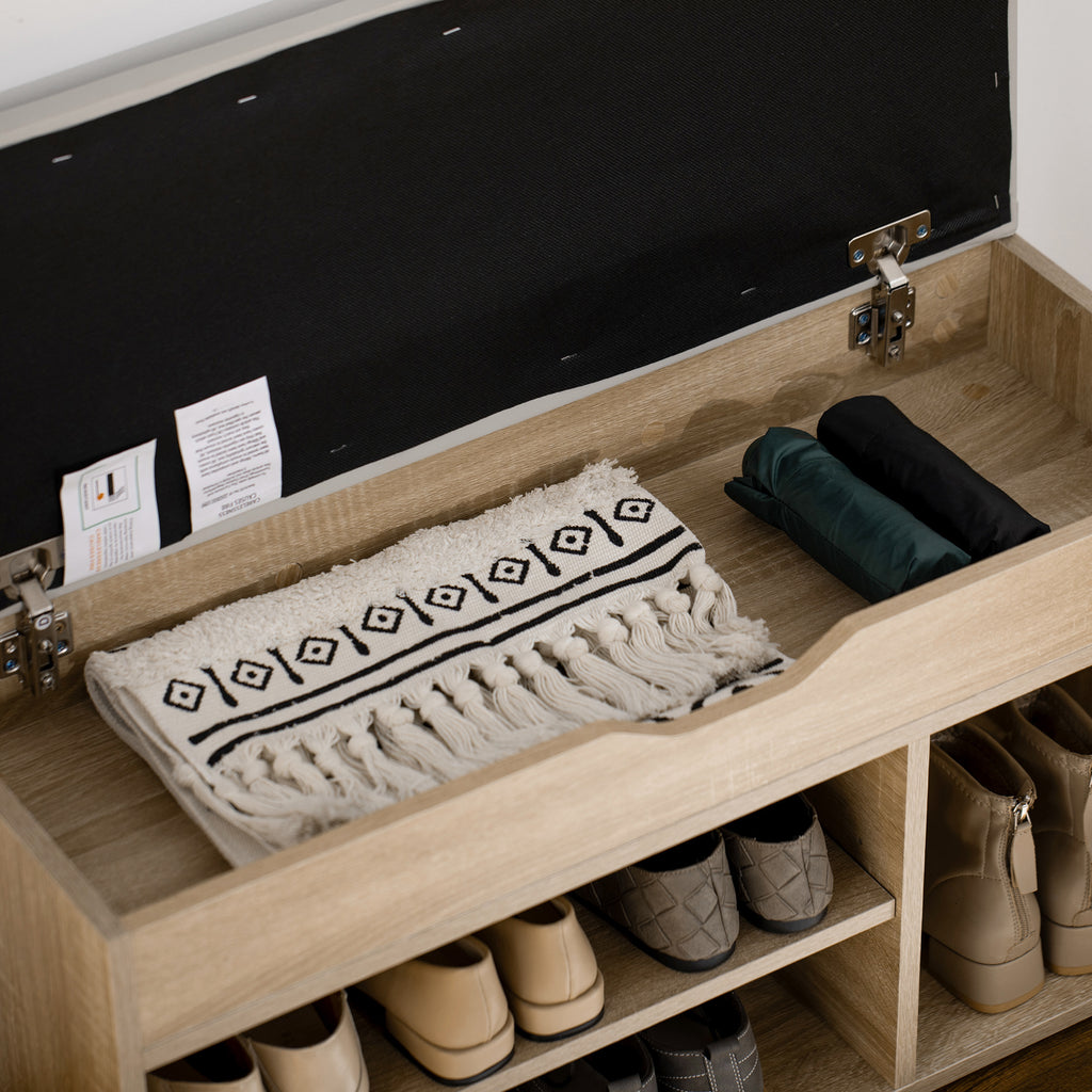 Space-Saving Padded Shoe Rack with 2 Open Shelves and Hidden Space, in Wood and PU Leather, 80x30x45 cm