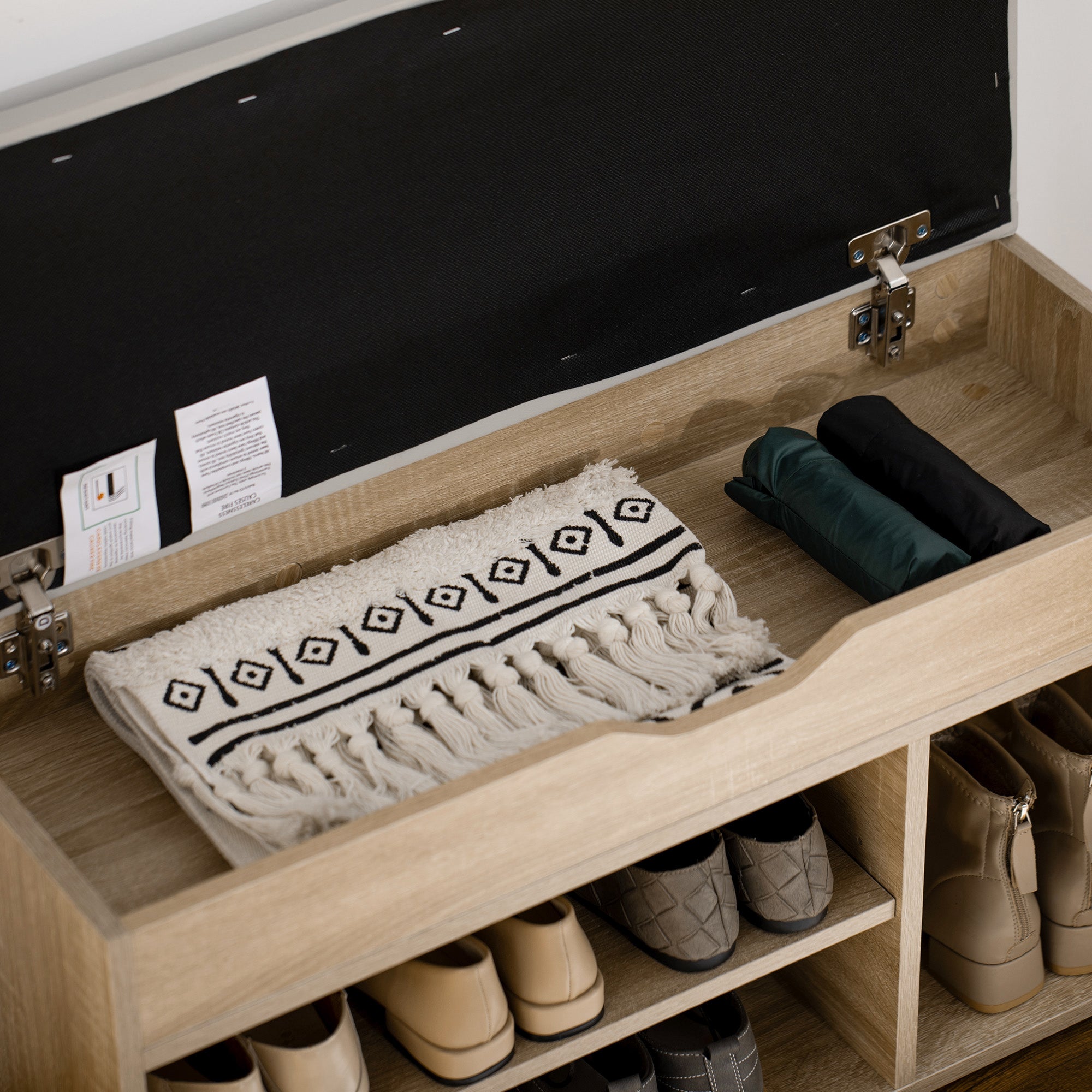 Space-Saving Padded Shoe Rack with 2 Open Shelves and Hidden Space, in Wood and PU Leather, 80x30x45 cm