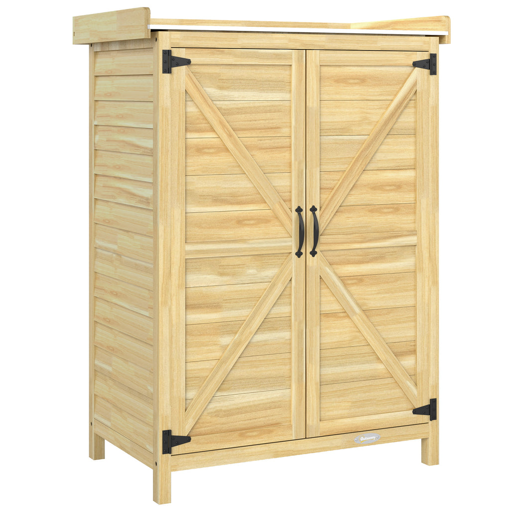 Outsunny Wooden Garden Cabinet with Steel Top, Shelves and Hooks, 71.5x39x95 cm