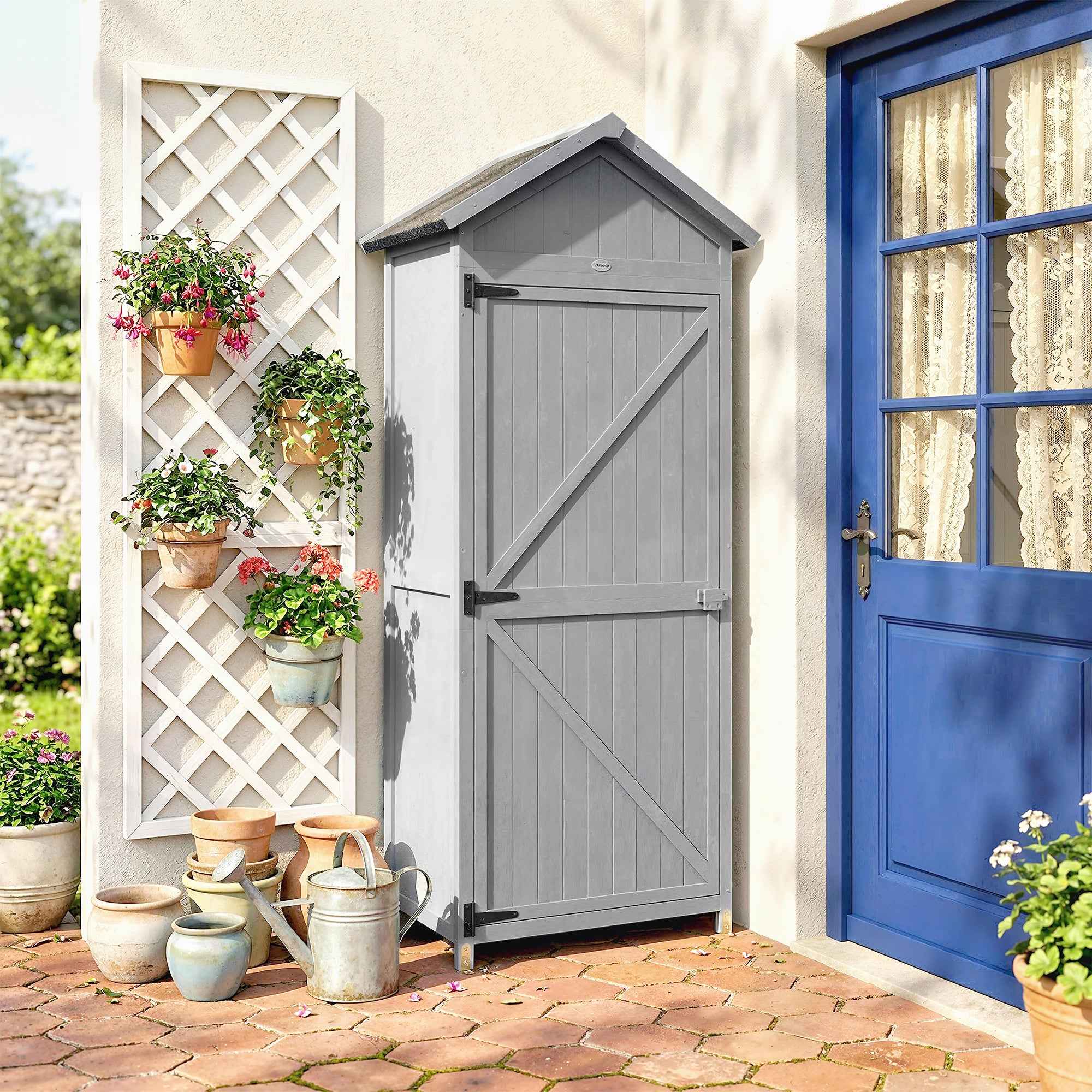 Outsunny Wooden Shed, 77x52.5x178cm, Wardrobe with Folding Workbench