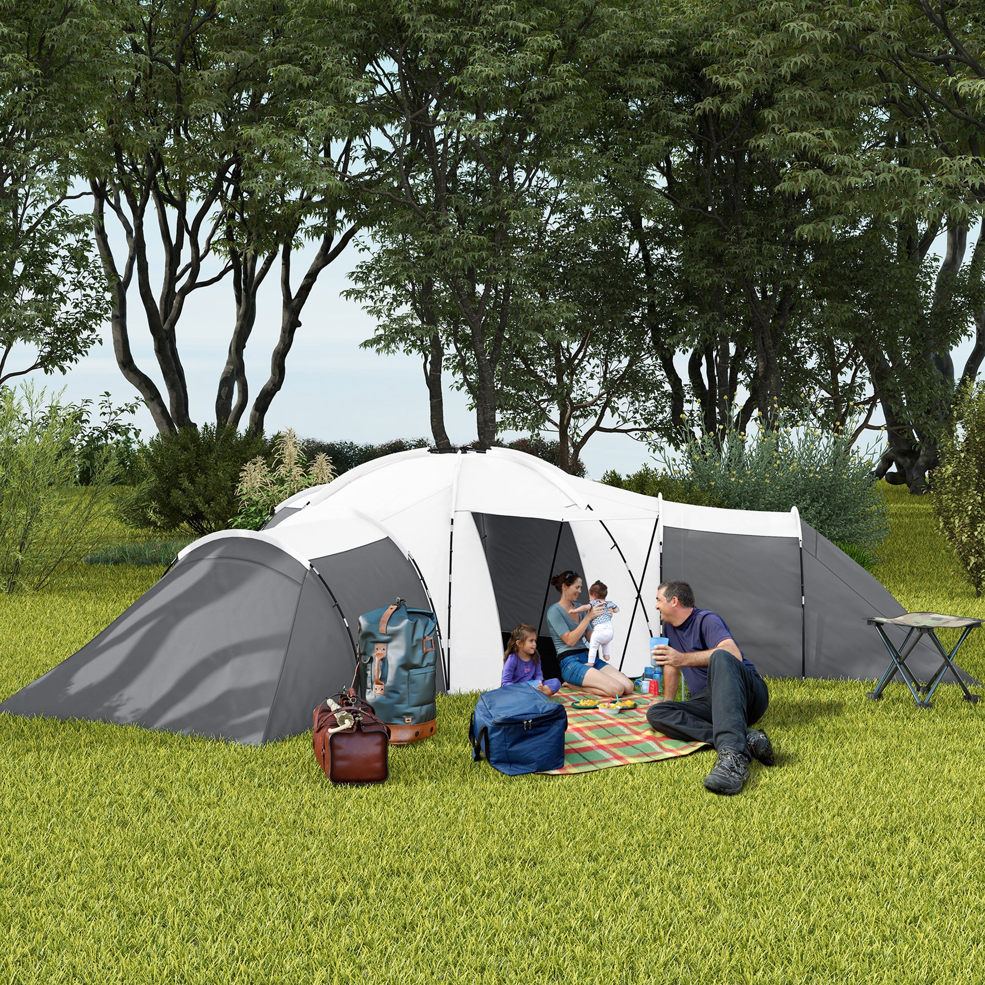 Outsunny Waterproof 6-Person Camping Tent with 3 Sleeping Areas, Living Room and Porch, in Oxford Fabric, Gray - Borgè