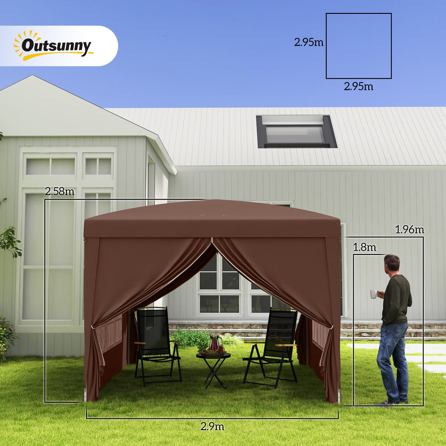 3x3m Folding Outdoor Gazebo with 4 Side Panels, in Steel and Oxford Fabric, Coffee Color