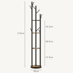 Industrial Style Rotating Floor Coat Rack with 8 Hooks and 4 Shelves, Ø30x175cm, Brown