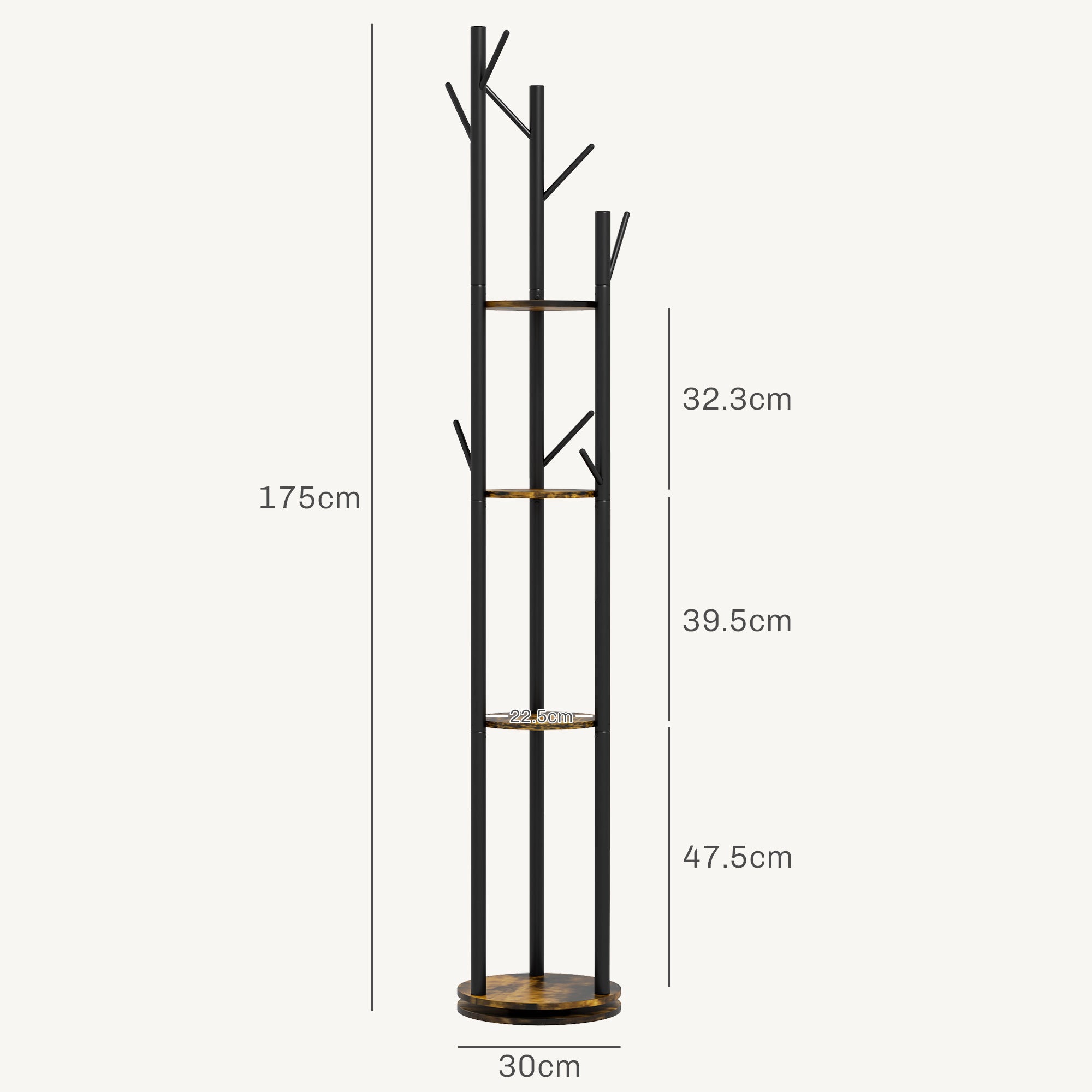 Industrial Style Rotating Floor Coat Rack with 8 Hooks and 4 Shelves, Ø30x175cm, Brown