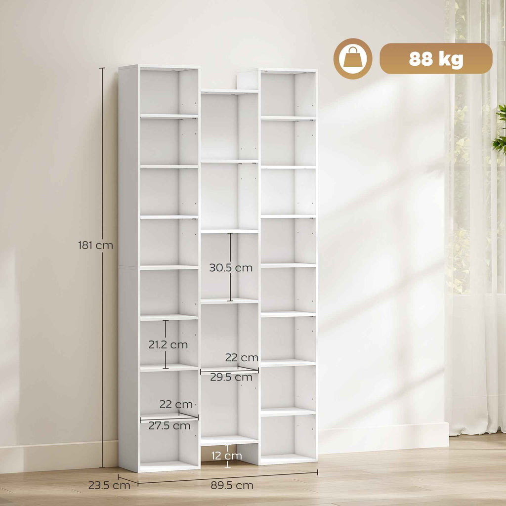 HOMCOM Modern Wooden Bookcase, 181 cm High, with 21 Compartments and 10 Adjustable Shelves, White