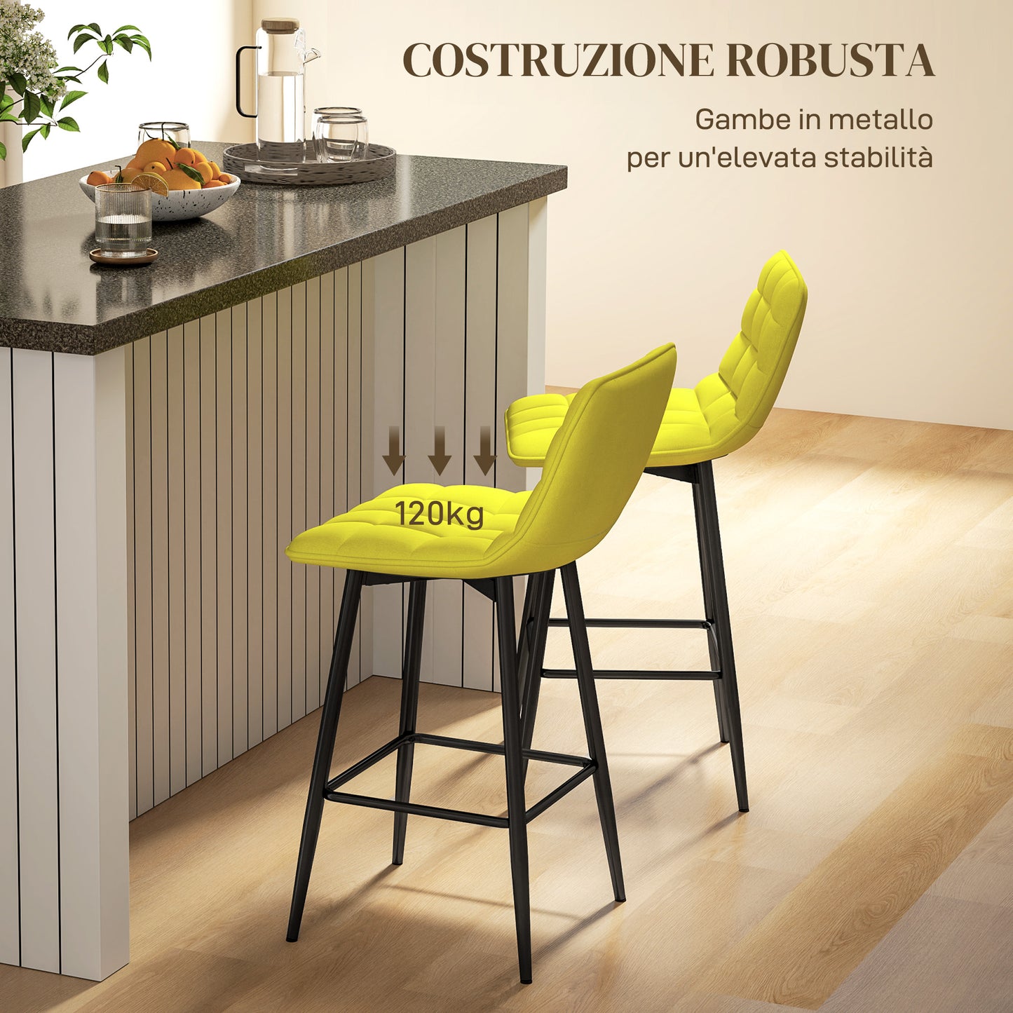 Set of 2 Nordic Style Kitchen Stools in Velvet and Metal Effect Fabric, 45x47x84 cm, Yellow