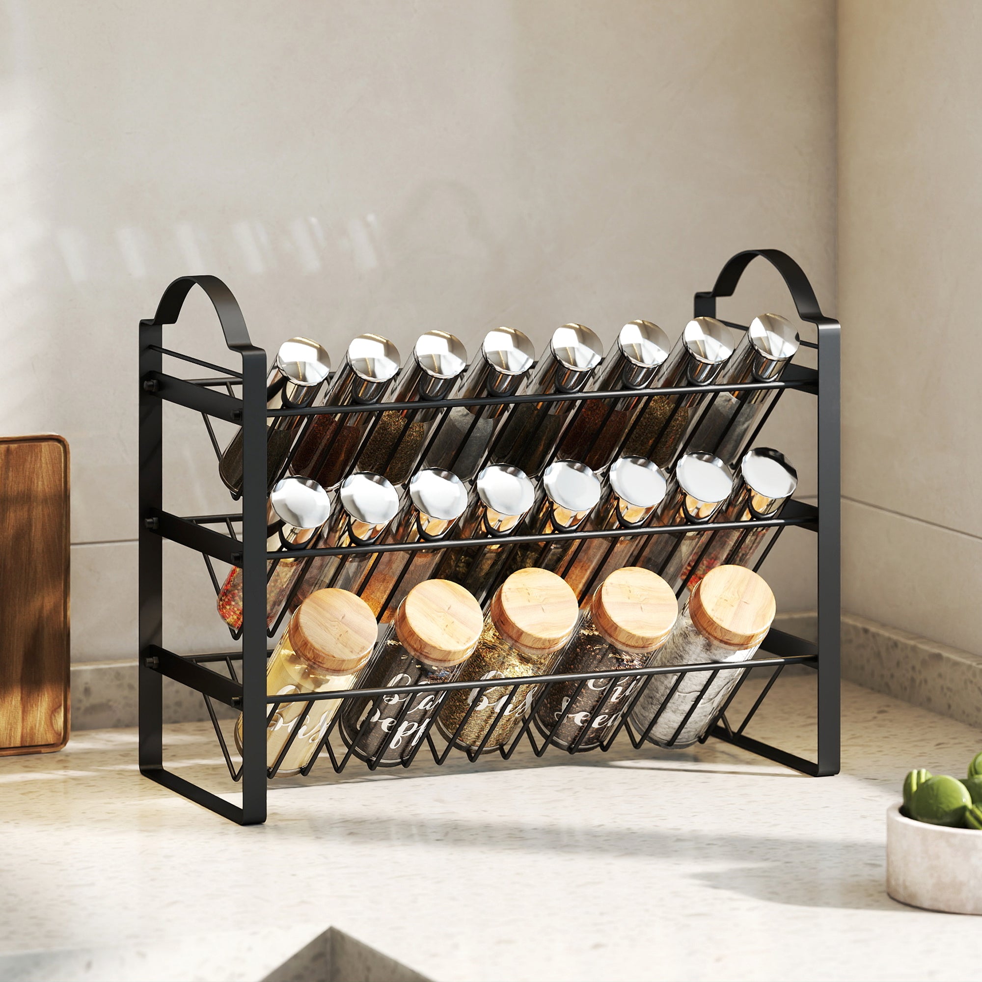3-Tier Kitchen Spice Rack, Space-Saving Organizer with Slanted Metal Shelves, Black