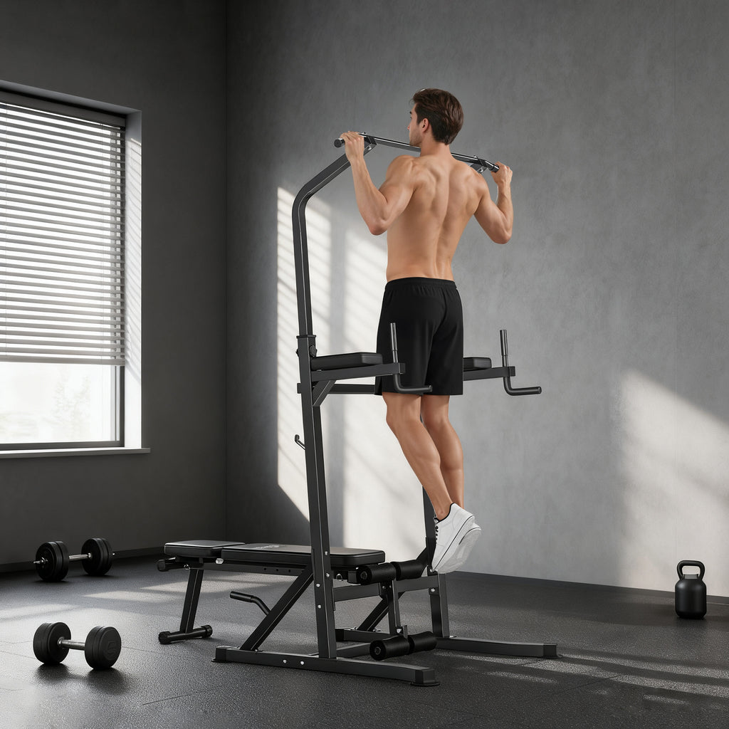 HOMCOM Folding Power Tower, 7-Position Adjustable Multifunctional Fitness Station with Pull-Up Bar, Dip Station, Pull-Up Station