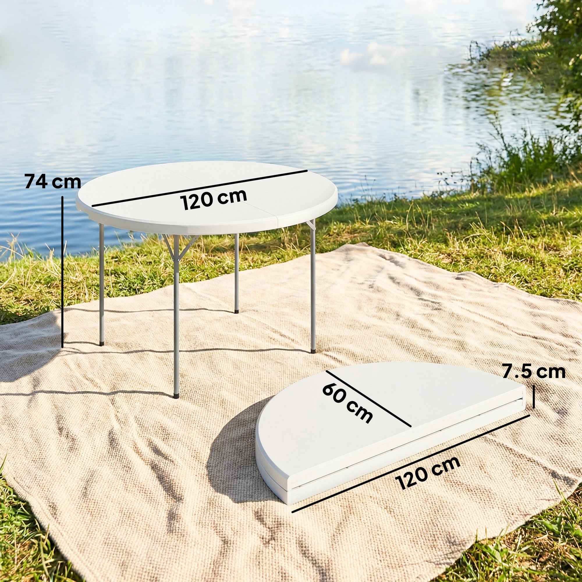 Outsunny Round Folding Camping Table in Metal and HDPE, 120x120x74 cm, White