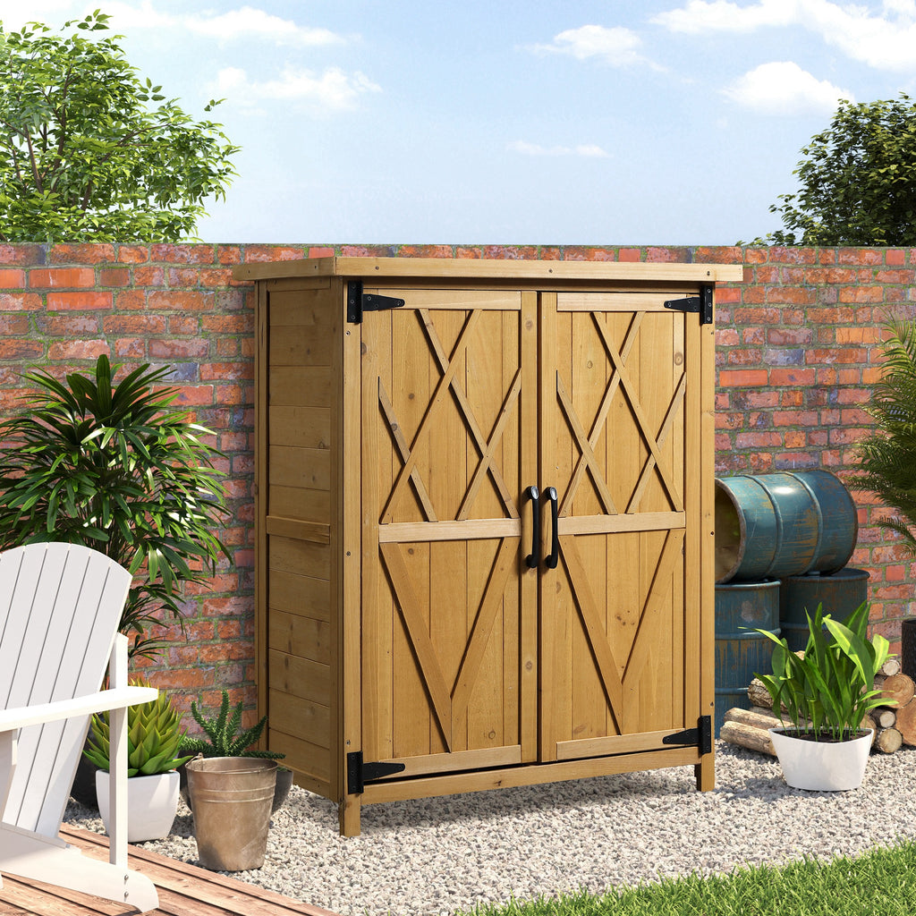 Wooden Garden Cabinet Tool Storage with 2 Doors and 4 Shelves, Sheet Metal Top, 75x40x90 cm