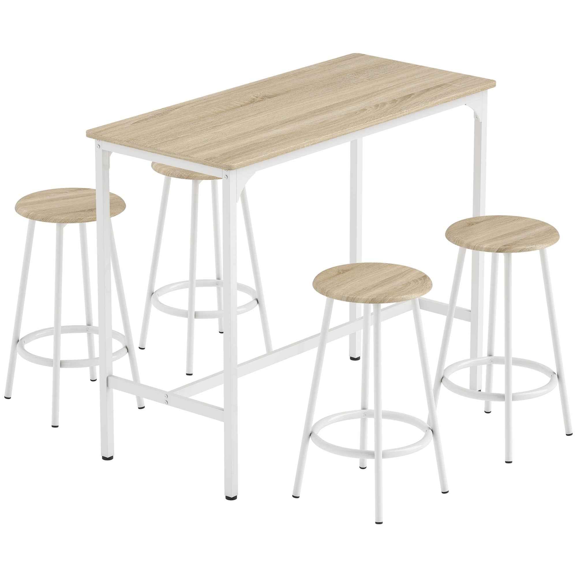 HOMCOM 5-Piece Dining Set with 110x50x89.5cm Bar Counter and Ø30x60.5cm Stools in Wood and Metal, Wood Color
