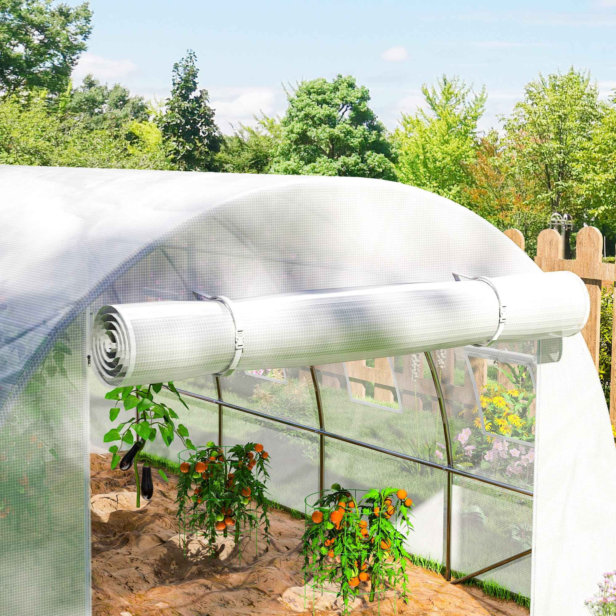 Outsunny PE Greenhouse Cover with 8 Windows, Roll-Up Door and Buried Edges, 4x3x2 m, White