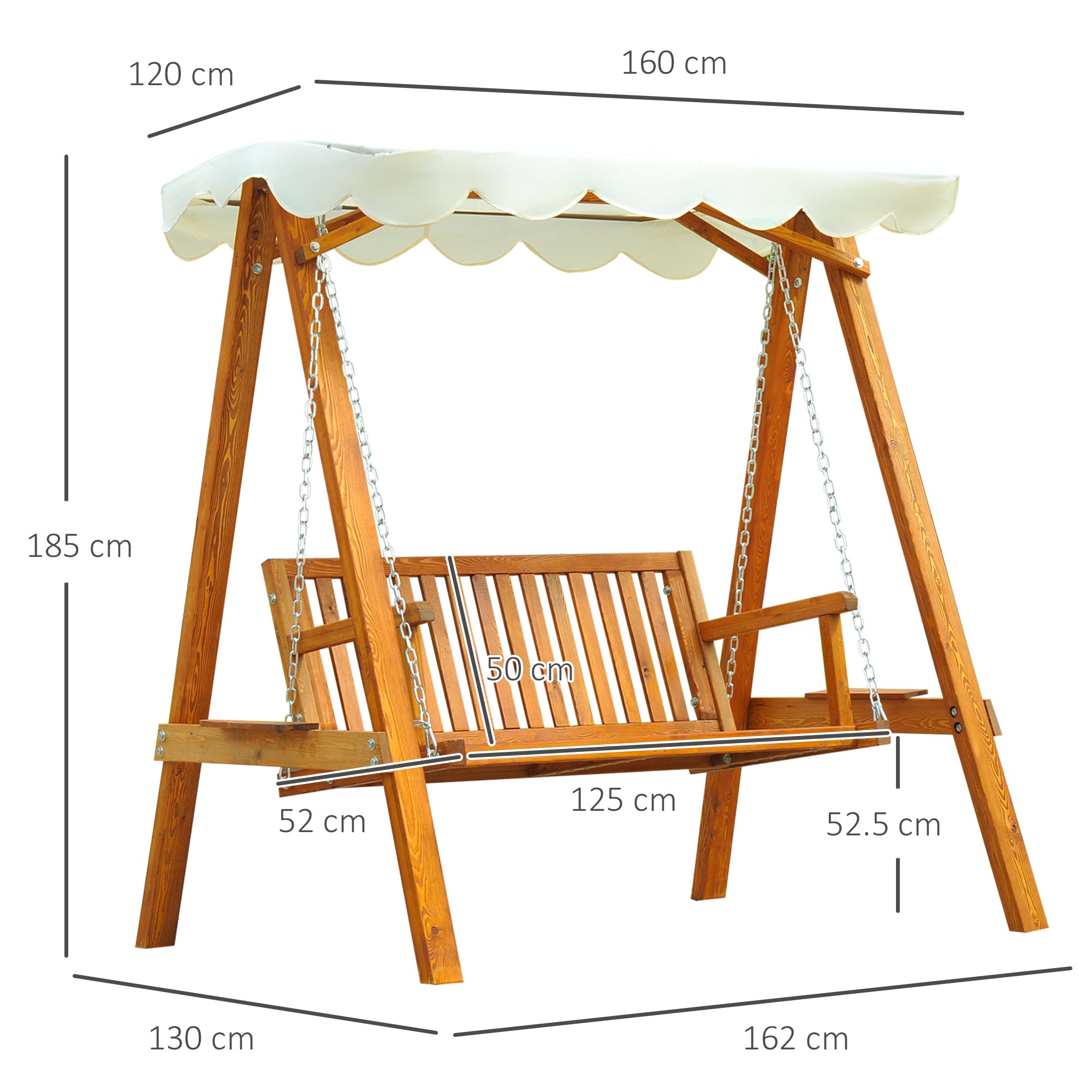 Classic Style Garden Swing Solid Pine Wood Compliant with FS Standards Polyester Fabric Sun Shade Canopy with PA Coating 162x130x185cm 240kg