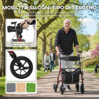 HOMCOM Folding Walker with Seat and Backrest for the Elderly, Adjustable Height, Bag and Cane Holder, Red