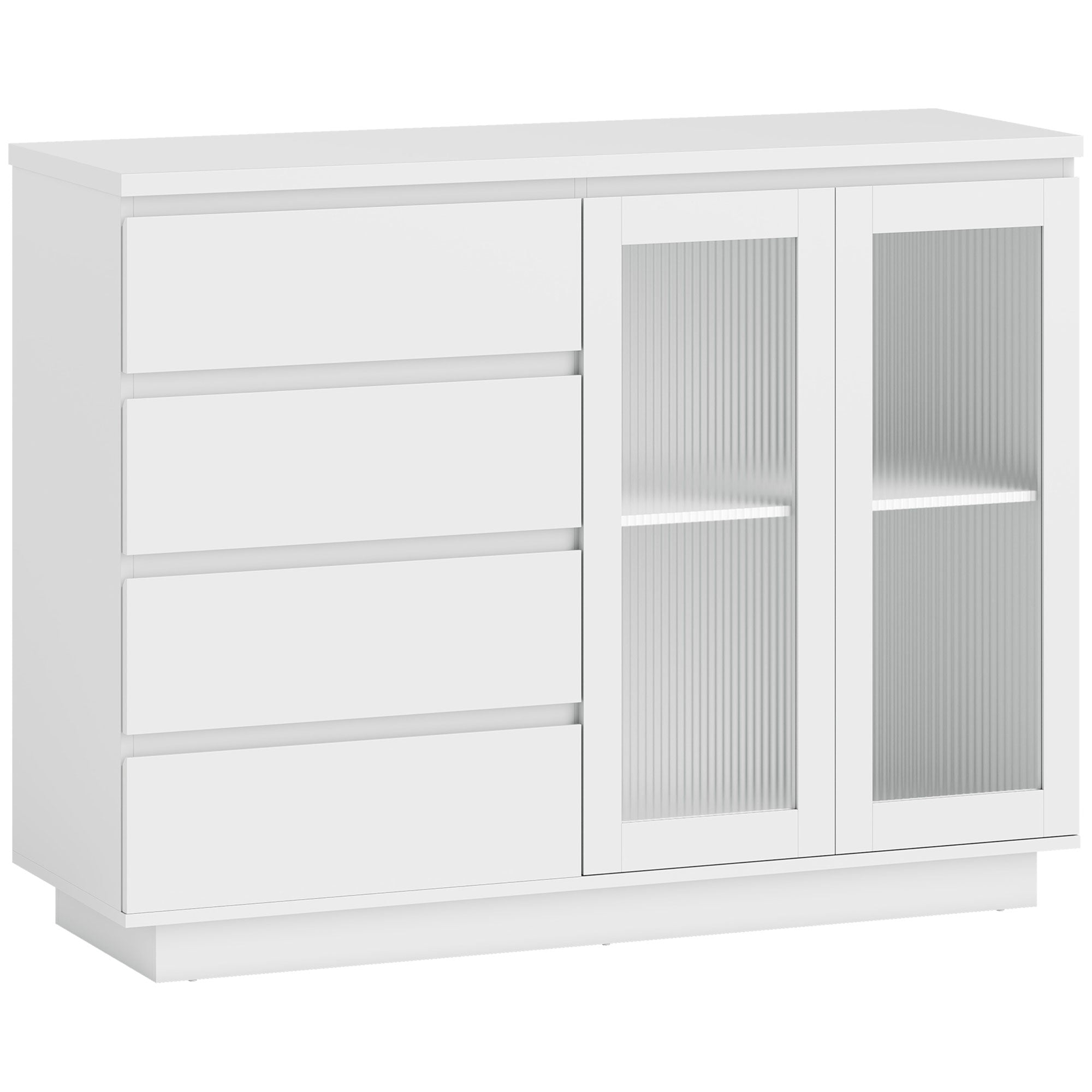 Wooden Buffet Sideboard with 4 Drawers and Cabinet with Glass Doors and Adjustable Shelves, 120x40x91 cm, White