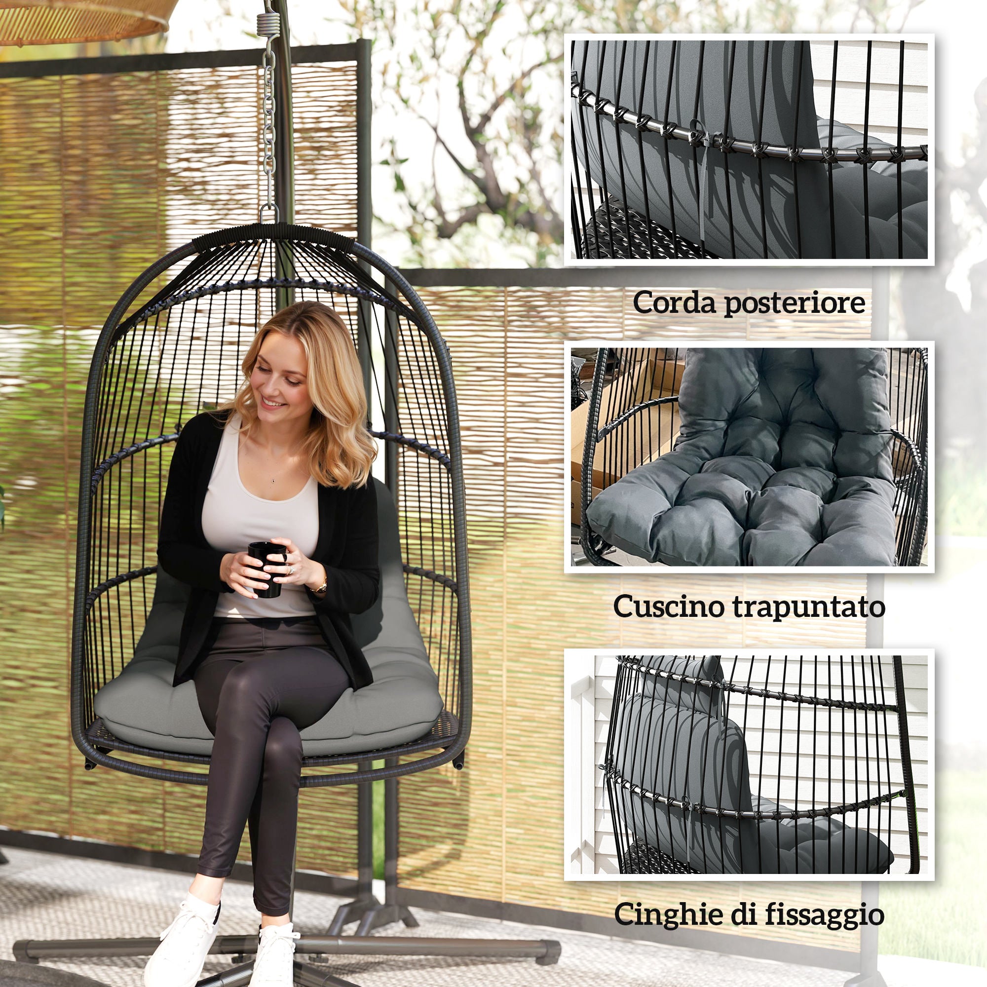 Indoor Outdoor Folding Swing Hanging Chair with Cushion and Headrest, Dark Grey