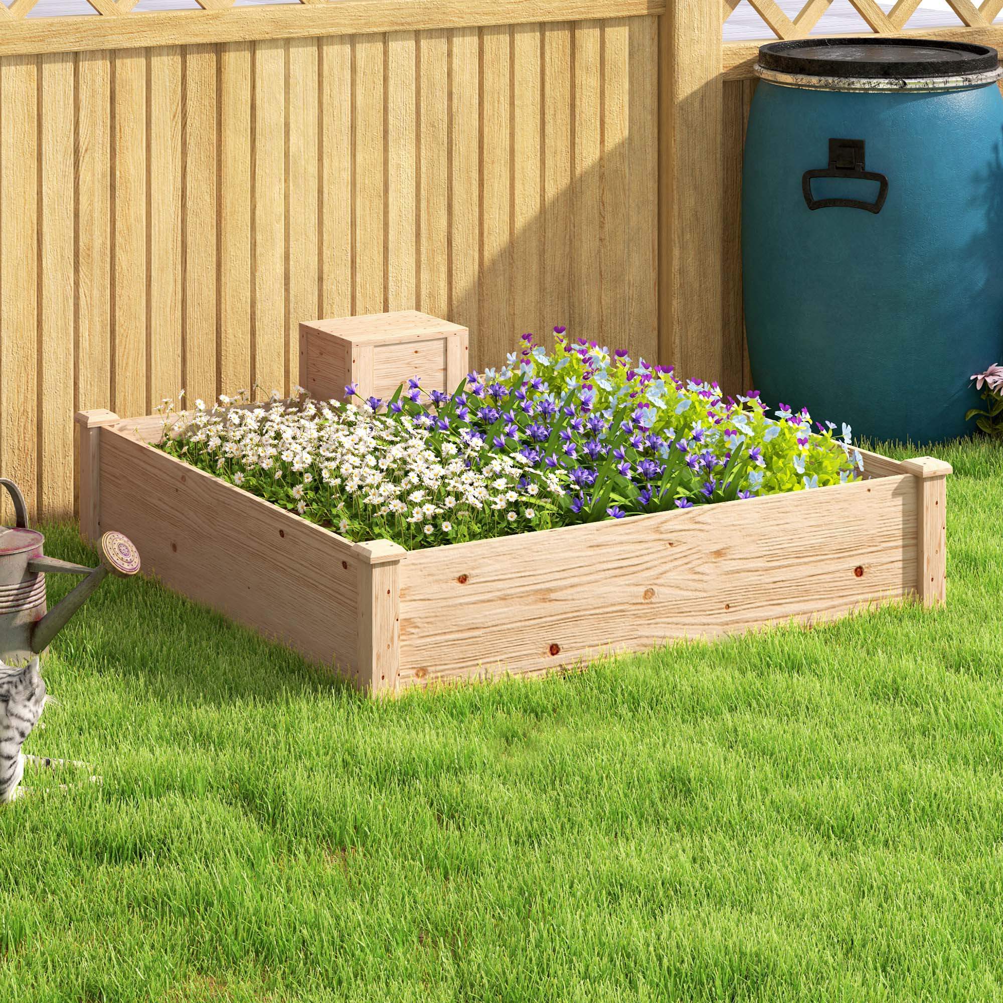 Outdoor Planter in Fir Wood with Composter and Open Bottom, 123x123x25.5 cm, Wood color