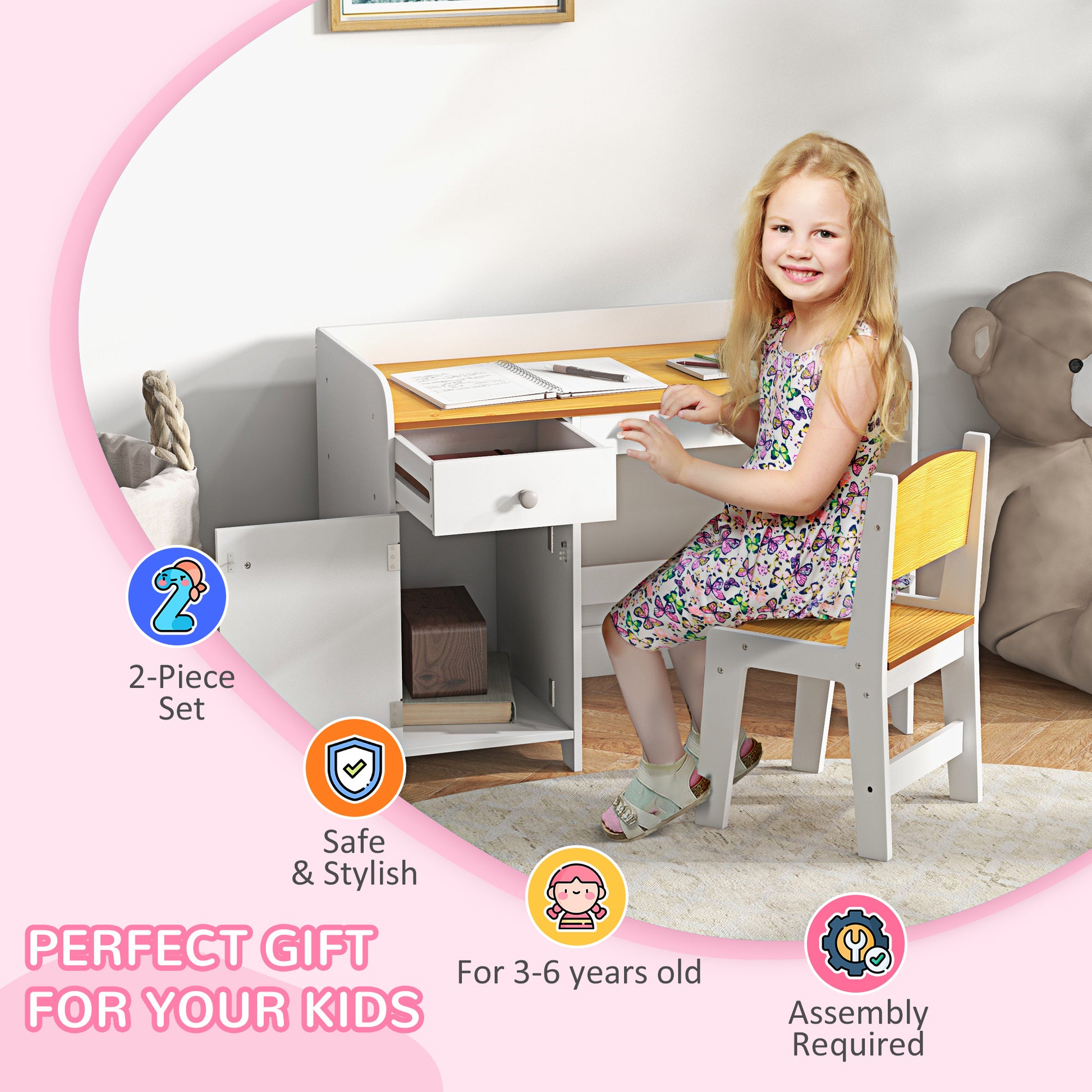 Zonekiz school desk and chair for children for 3-6 years with drawer and white wooden cabinet - Borgè