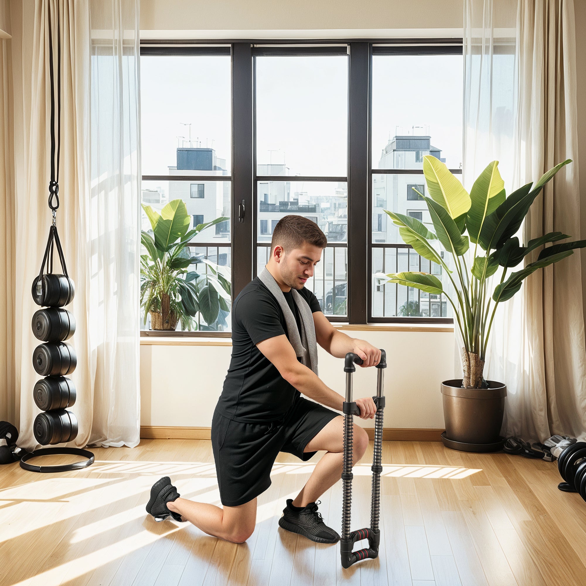 SPORTNOW Power Twister with 4 Springs with Resistance from 10 to 80 kg, in Stainless Steel, 80x22x5 cm, Black