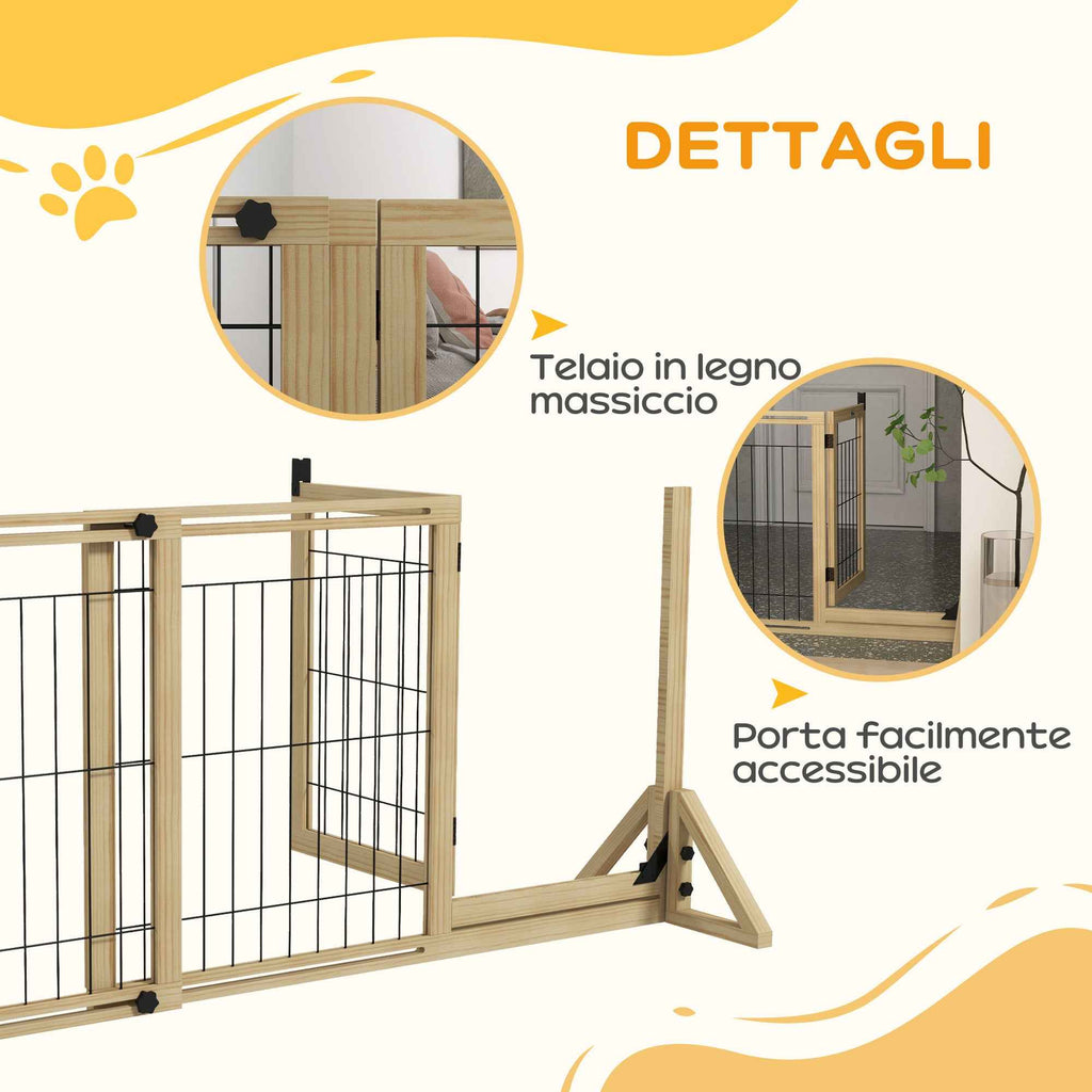 PawHut Extendable Dog Gate with Door and 2 Panels, Triangular Feet, 112-159x70 cm, Natural Wood