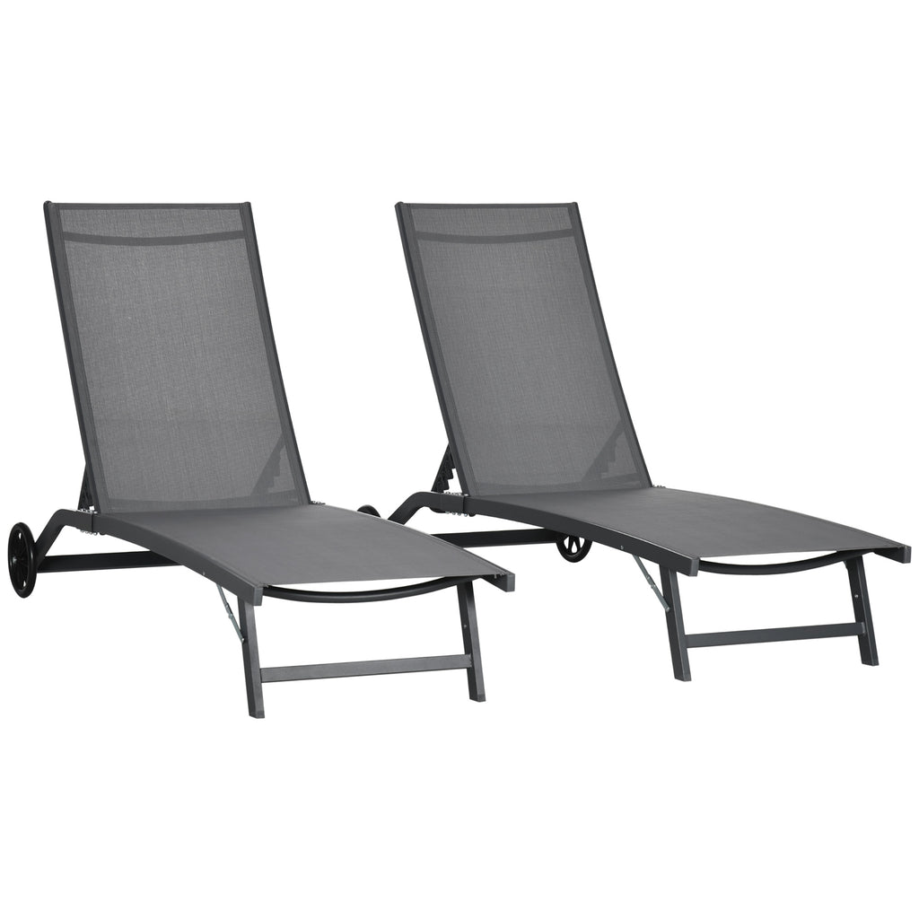 Outsunny Set of 2 Sun Loungers with Reclining Backrest, in Aluminum and Breathable Fabric, 66x165x102 cm, Dark Gray