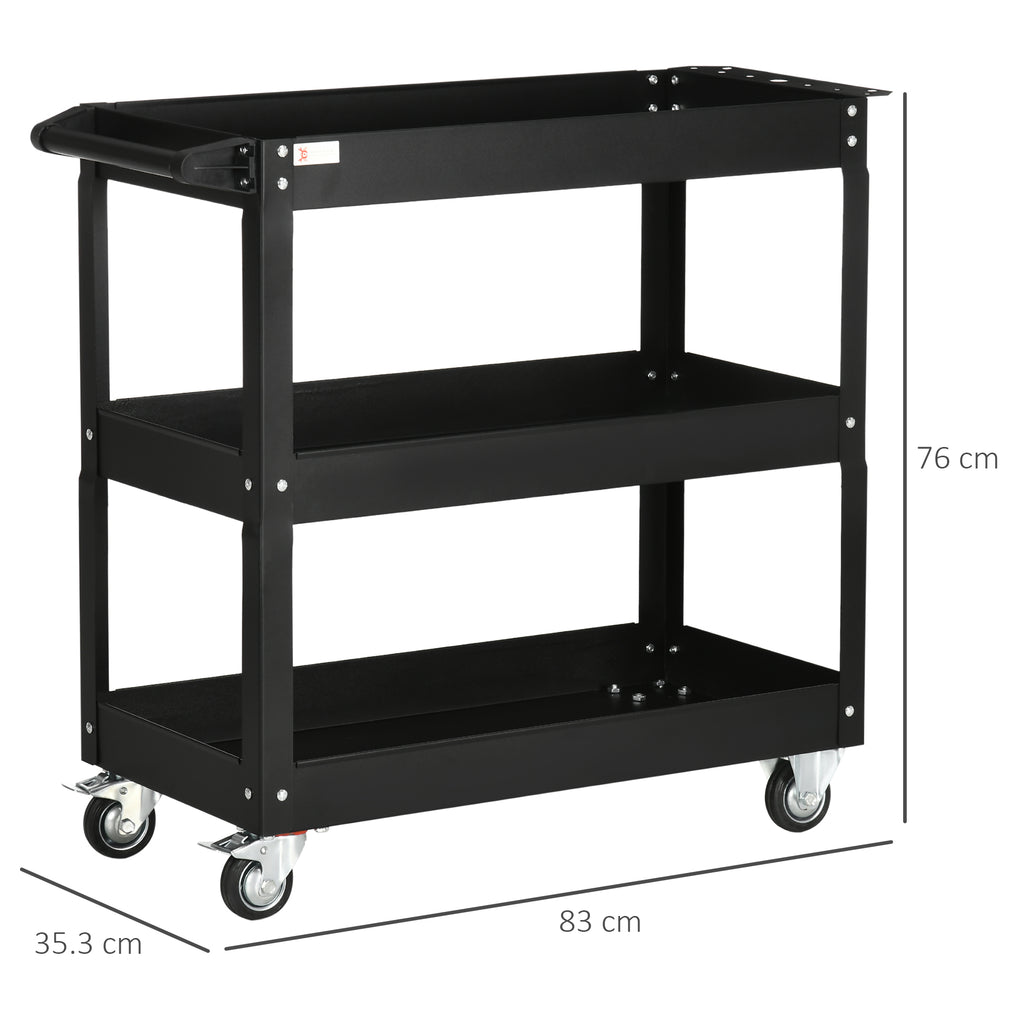 3-Tier Steel Tool Cart with High Edges and 4 Swivel Wheels, 83x35.3x76 cm, Black
