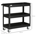 3-Tier Steel Tool Cart with High Edges and 4 Swivel Wheels, 83x35.3x76 cm, Black