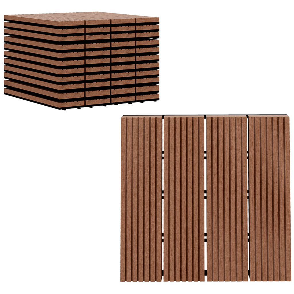 Set of 11 Non-Slip Interlocking Outdoor Tiles in Recycled HDPE, 30x30x2.2 cm, Brown