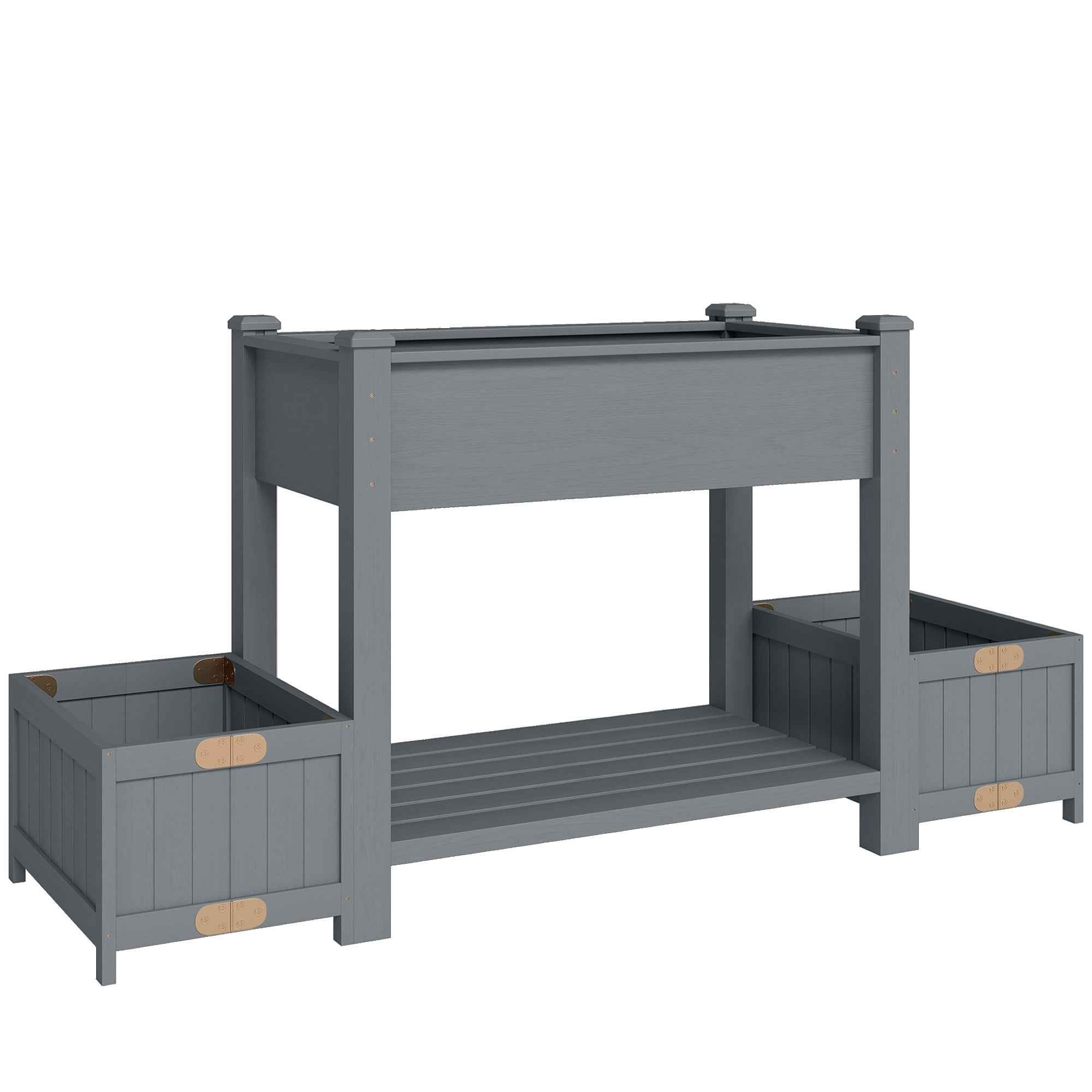 Outsunny Raised Planter with 2 Side Pots and Tool Shelf, in Fir Wood, 149x46x76 cm, Grey