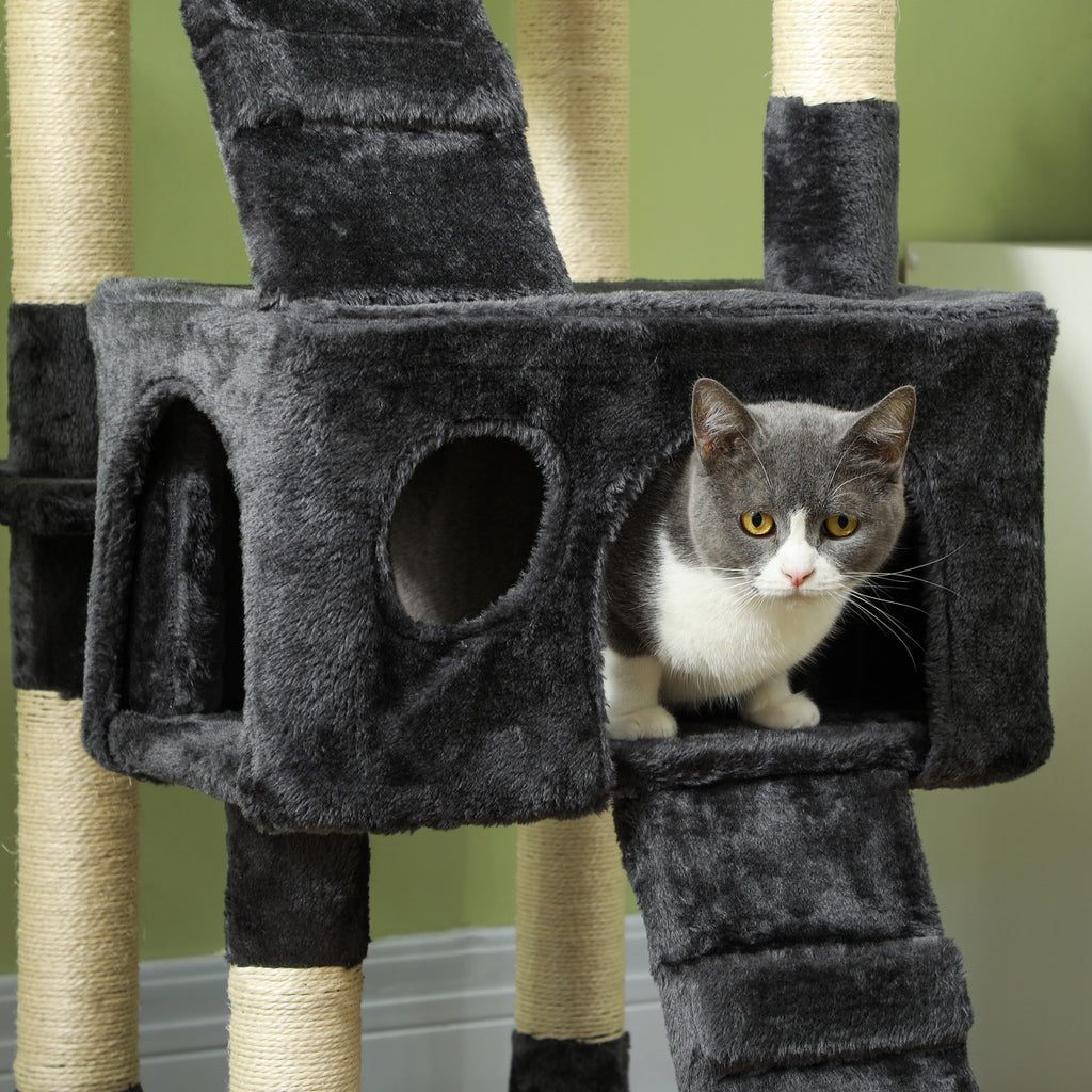Cat Scratching Tree with 3 Perches, 2 Houses and Hanging Toys, Made of Wood and Plush, 49x49x173 cm, Grey