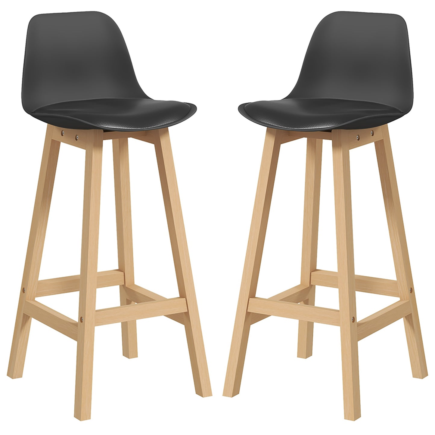 Set of 2 Bar Stools with Faux PU Leather Cushion, Wooden Legs and Footrest, Black