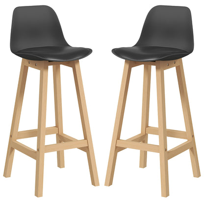 Set of 2 Bar Stools with Faux PU Leather Cushion, Wooden Legs and Footrest, Black