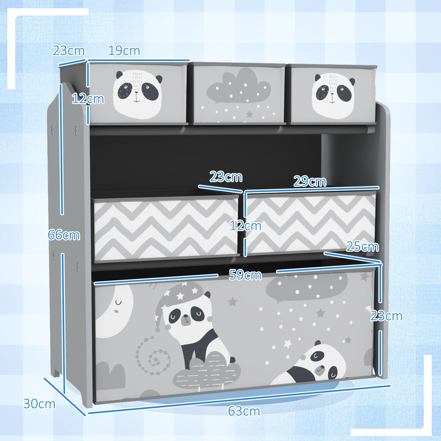 ZONEKIZ Children's Toy Shelf with 6 Removable Fabric Containers, 63x30x66cm, Gray