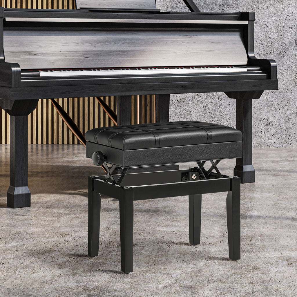 Piano Stool with Adjustable Height and Storage in Wood and Faux Leather, 63x35x46-56cm, Black