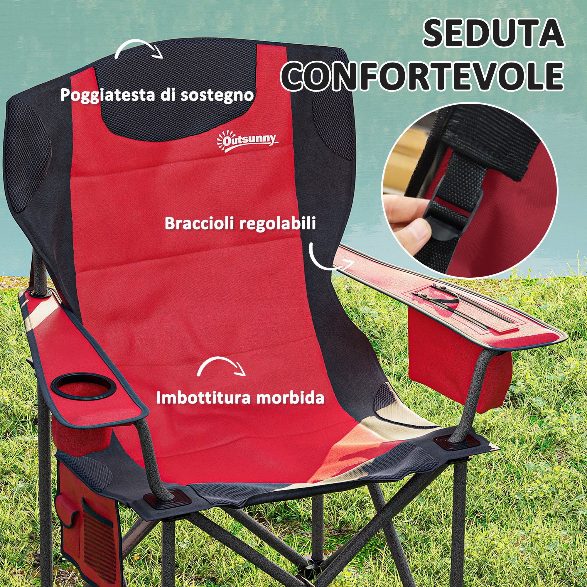 Set of 2 Folding Camping Chairs with Cooler Bag, Cup Holder and 2 Pockets, 94x62x100 cm, Red