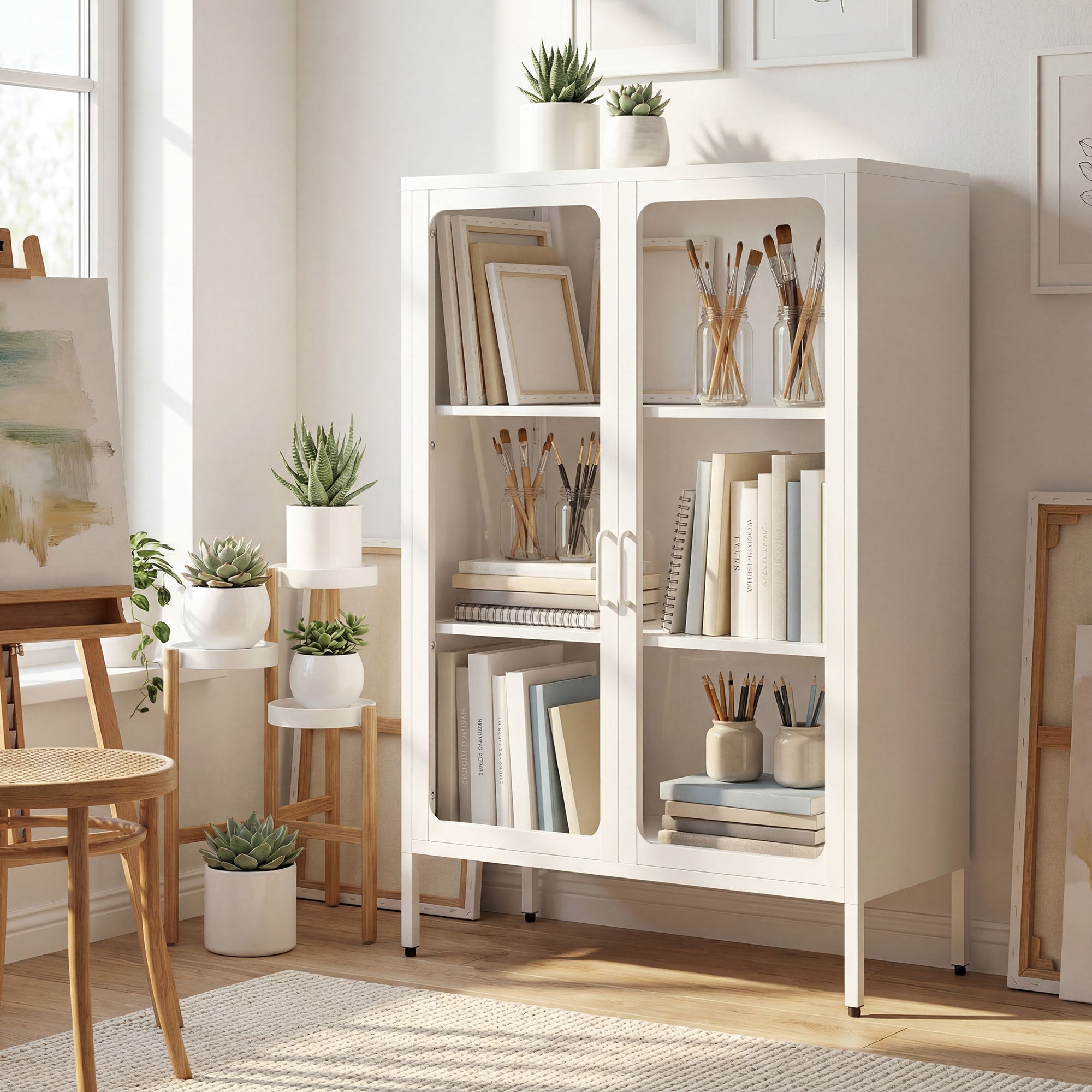 Steel Document Cabinet with 2 Glass Doors and Adjustable Shelves, 80x40x110 cm, White