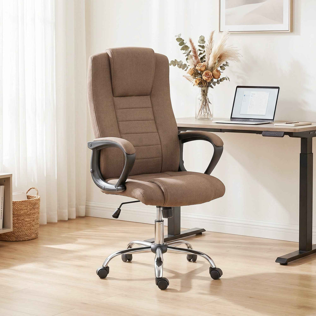 Vinsetto Ergonomic Reclining and Swivel Office Chair in Linen Effect Fabric with Headrest, Brown