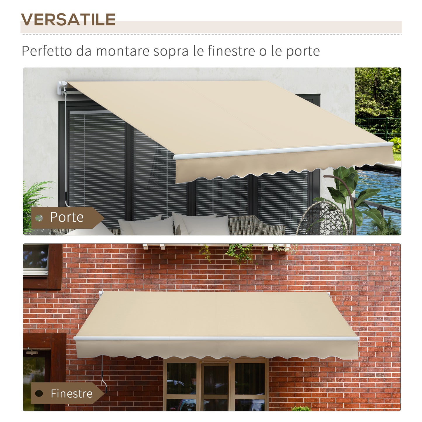 Outdoor Awning with Roller Arms and Crank Opening, 360x250 cm, Cream