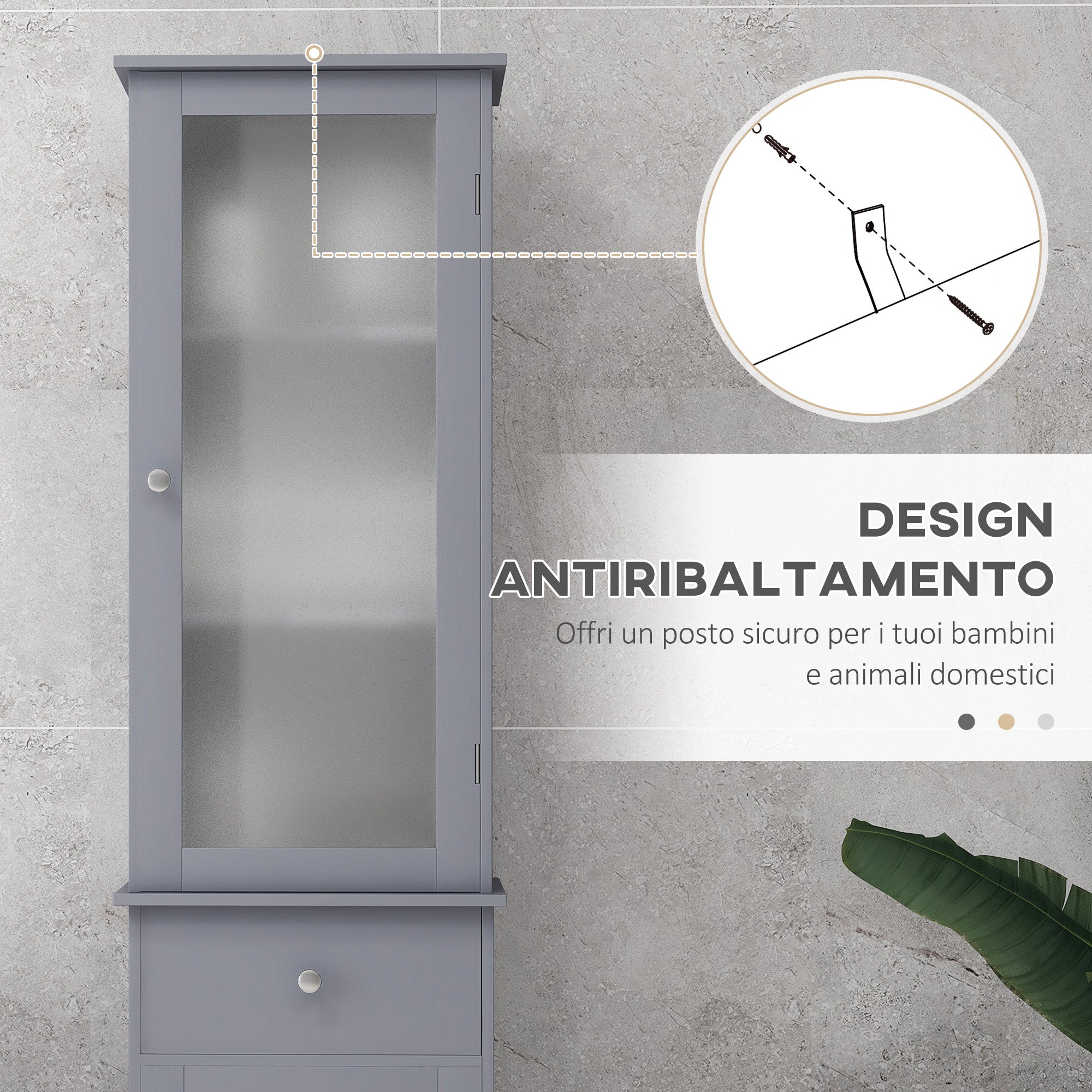 Bathroom Column Cabinet Space Saving with Cabinet, Drawer and MDF Shelves, 40x27x171.5cm, Grey