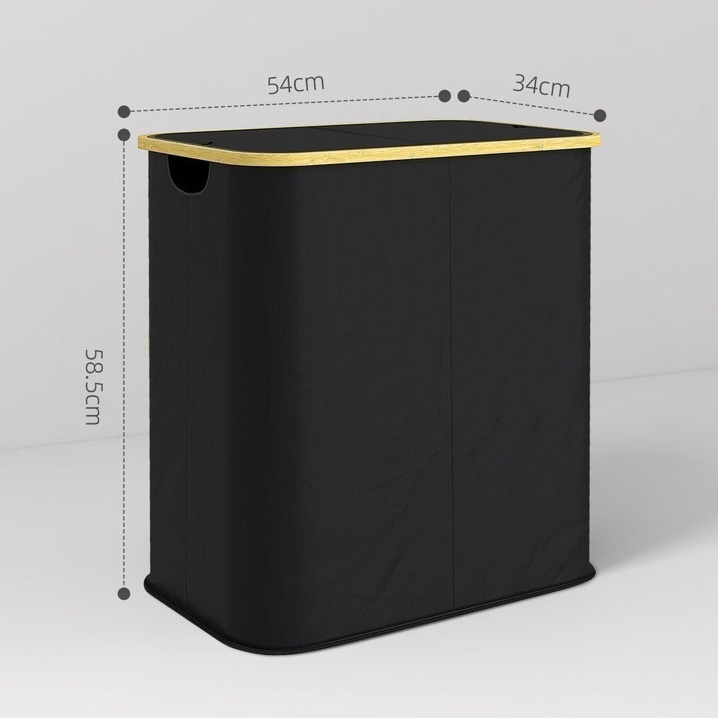 Laundry Basket 80L 2-Section with Lid, Non-Woven and Bamboo, 54x34x58.5 cm, Black