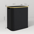 Laundry Basket 80L 2-Section with Lid, Non-Woven and Bamboo, 54x34x58.5 cm, Black
