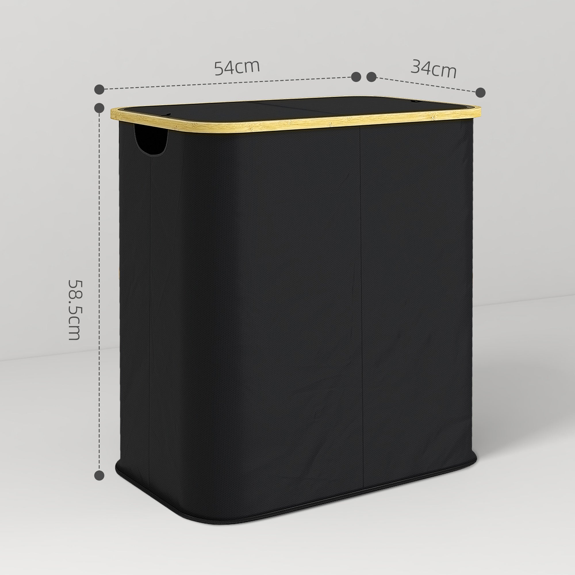 Laundry Basket 80L 2-Section with Lid, Non-Woven and Bamboo, 54x34x58.5 cm, Black