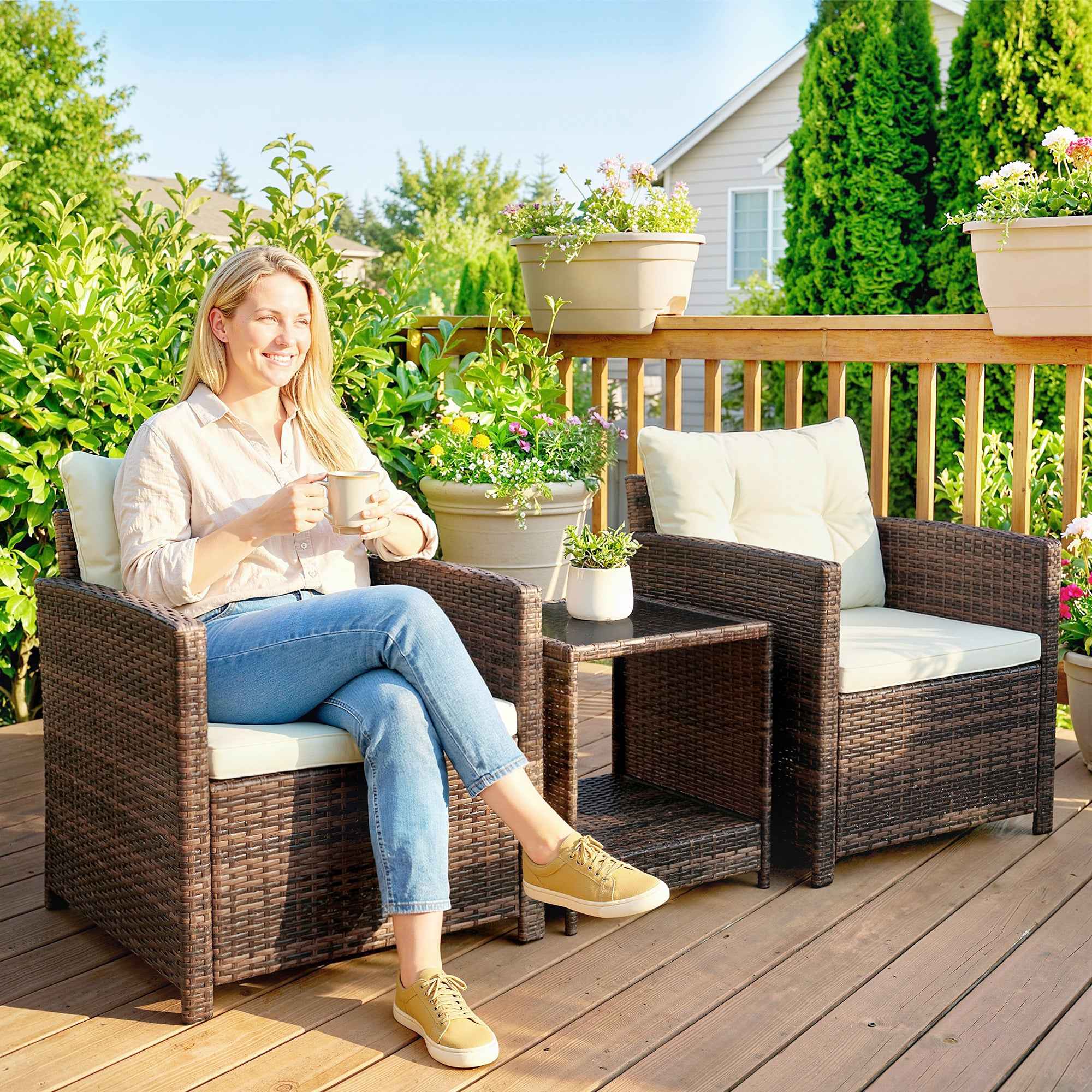 Outsunny 3-Piece PE Rattan and Steel Garden Set with 2 Armchairs with Cushions and Coffee Table, Brown and Cream