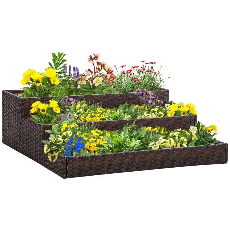 3-Tier Raised Garden Bed in Synthetic Rattan Without Bottom for Plants and Vegetables, 120x120x40cm, Grey - Borge' Group Limited