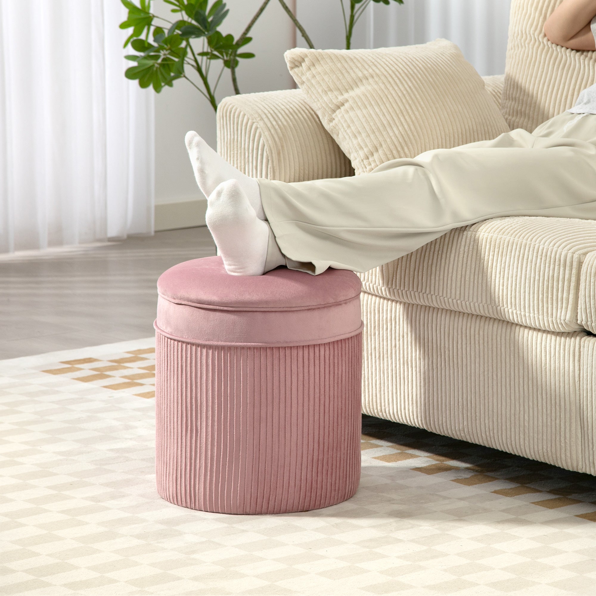 Set of 2 Round Stackable Upholstered Footstools with Velvet Upholstery, 34.8L Storage, Pink
