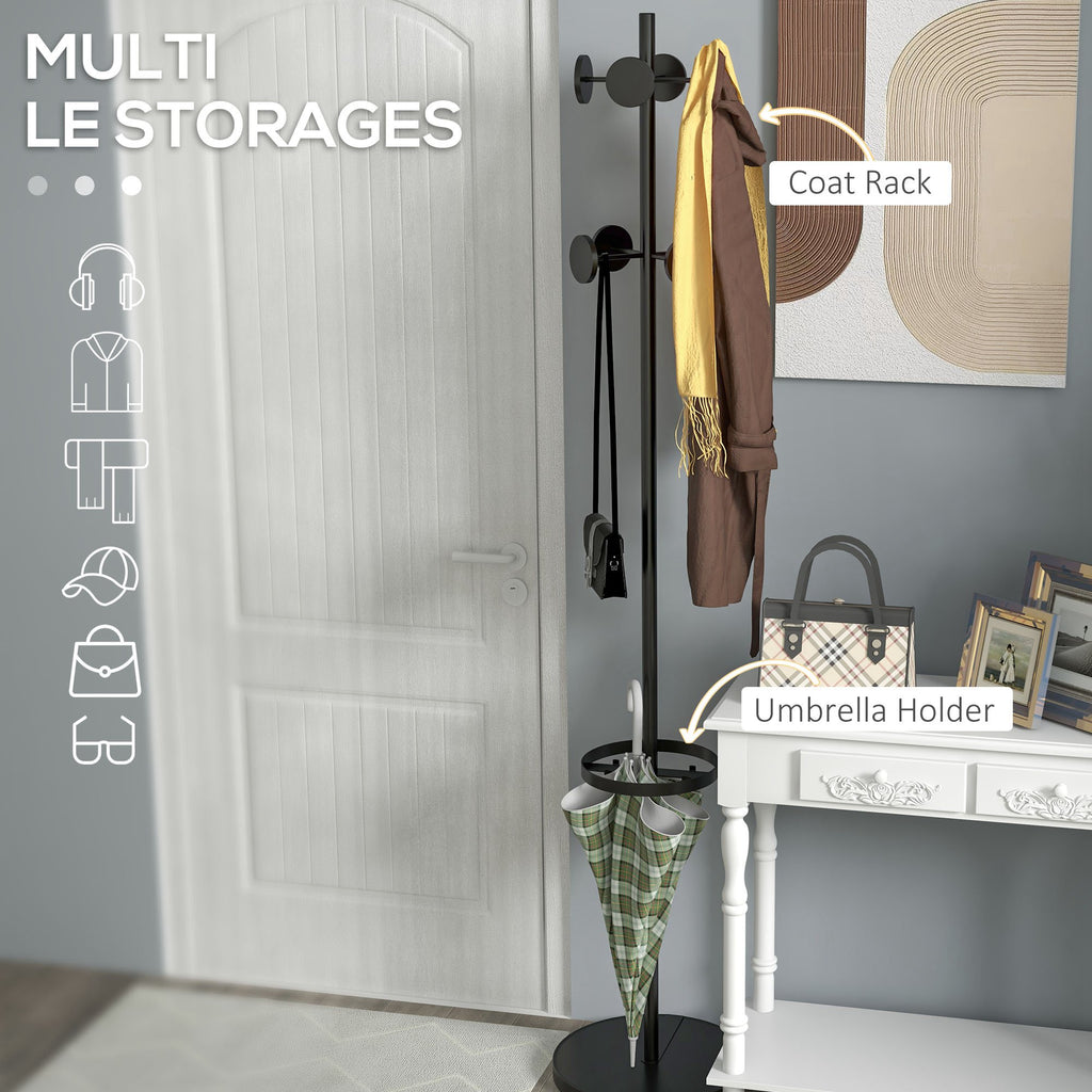 HOMCOM Floor Coat Hanger with Umbrella Holder and 8 Metal Disc Hooks Ø34 x 177cm, Black - Borgè