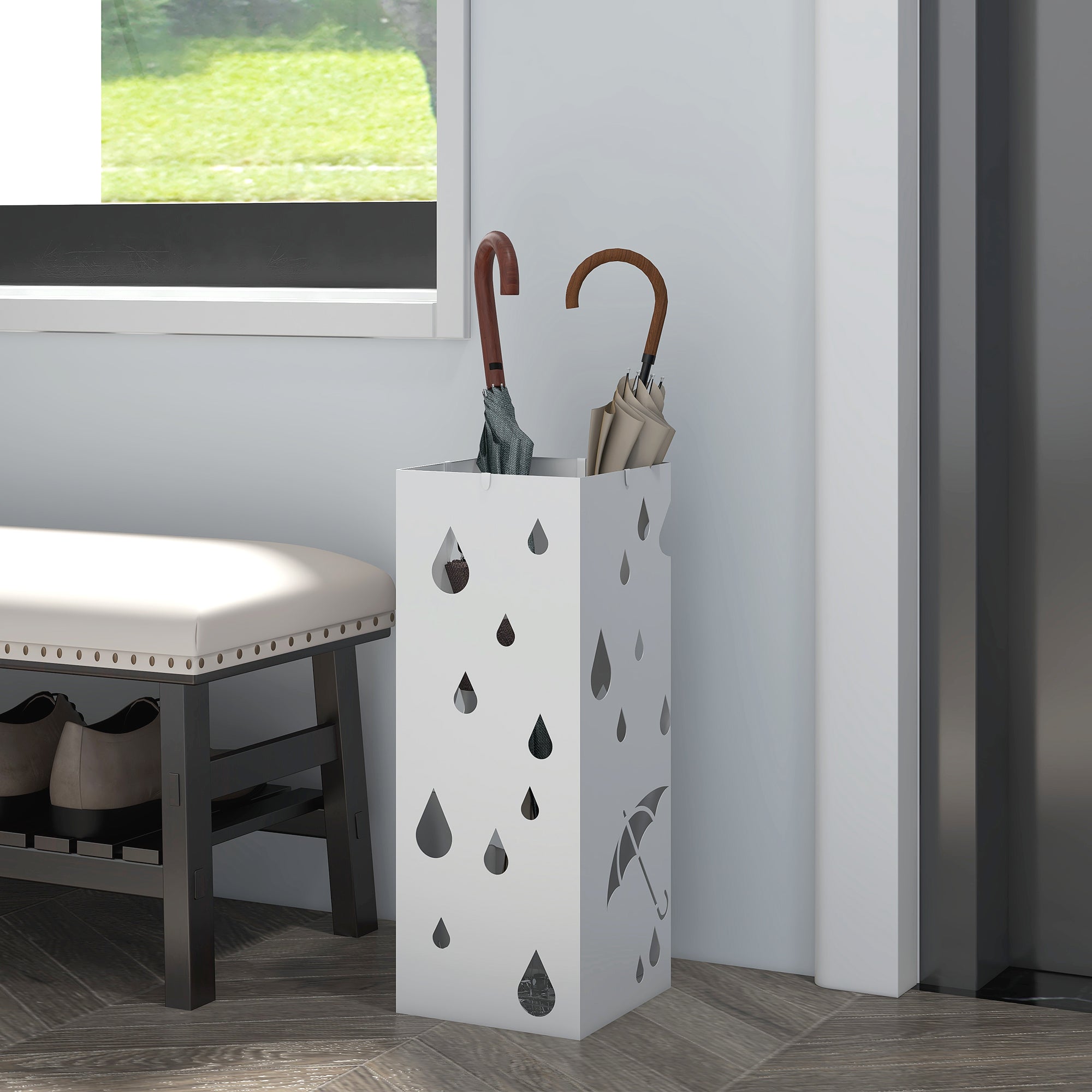 Metal Umbrella Stand with 4 Hooks and Drip Tray, 15.5x15. 5x41cm, White