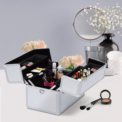 Makeup Case with 2 Locks, Aluminum, 36.5x24x29 cm, Silver