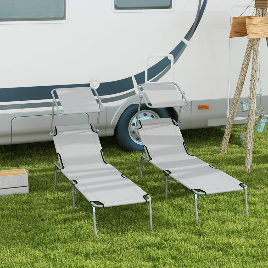 Outsunny Set of 2 Folding Garden Loungers with Adjustable Canopy, Oxford Fabric and Metal, 187x58x36 cm, Light Grey