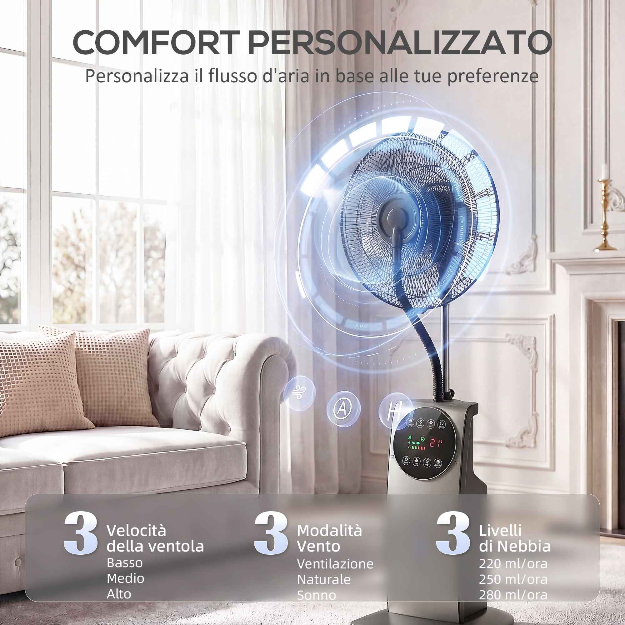 Misting Fan with 3.1L Tank, 3 Modes and 3 Speeds, Wheels, 70° Oscillation, 10° Tilt, 12h Timer, 90W